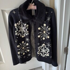 tiara international sequin faux fur cardigan
